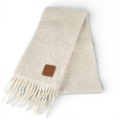 Loewe Mohair Wool Anag Lambskin Patch with Fringe Scarf White