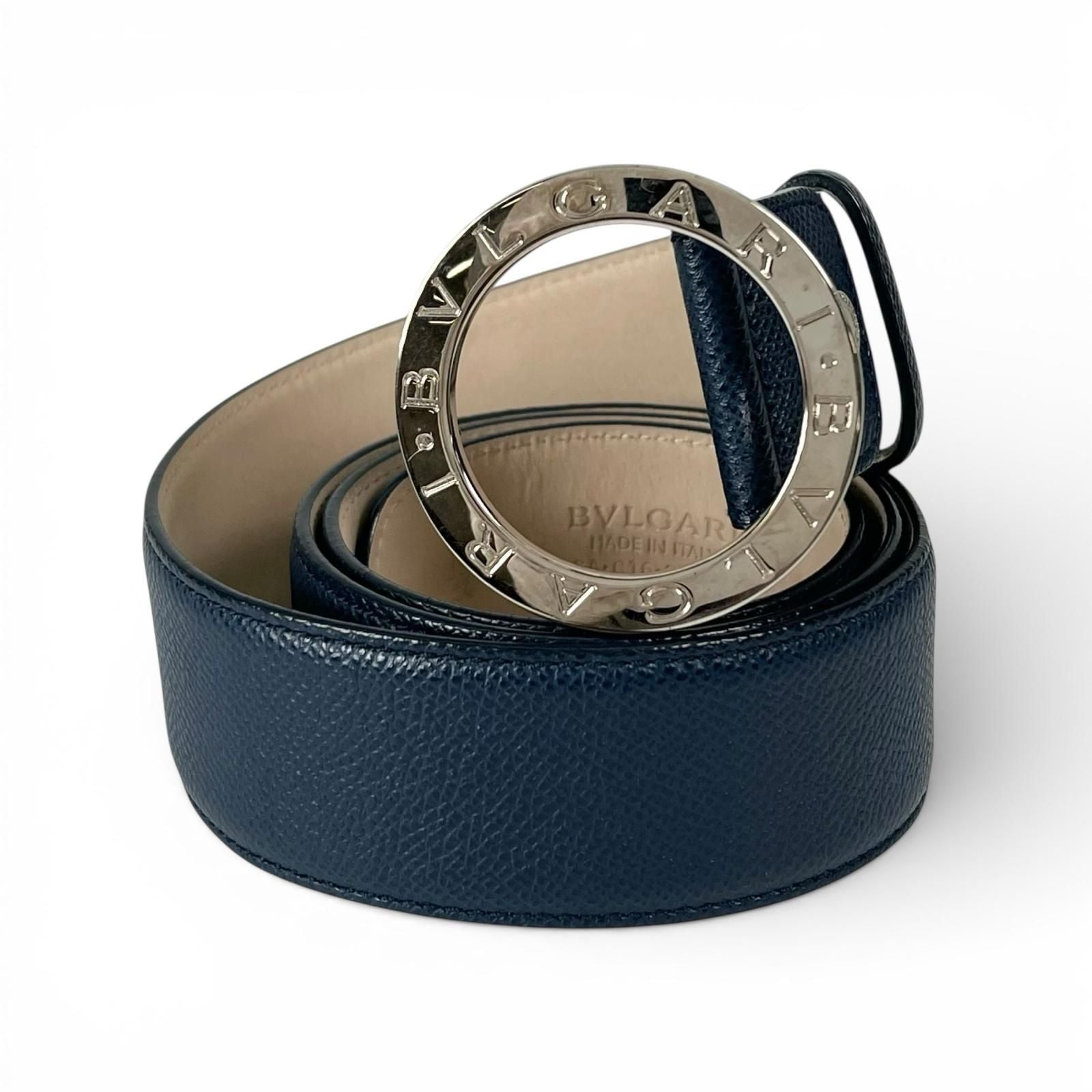 Bvlgari Man Circle Logo Buckle Leather Belt Navy Silver 44