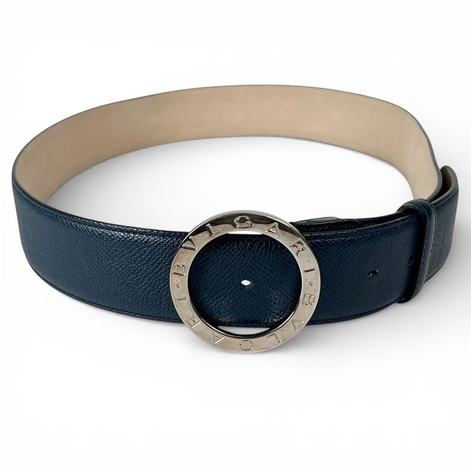 Bvlgari Man Circle Logo Buckle Leather Belt Navy Silver 44 — view 2