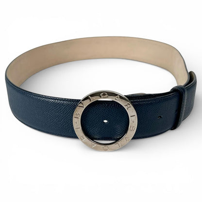Bvlgari Man Circle Logo Buckle Leather Belt Navy Silver 44 — view 2