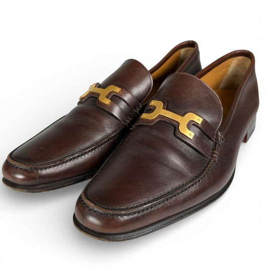Hermes Gold Logo Bit Loafers Leather Shoes Brown