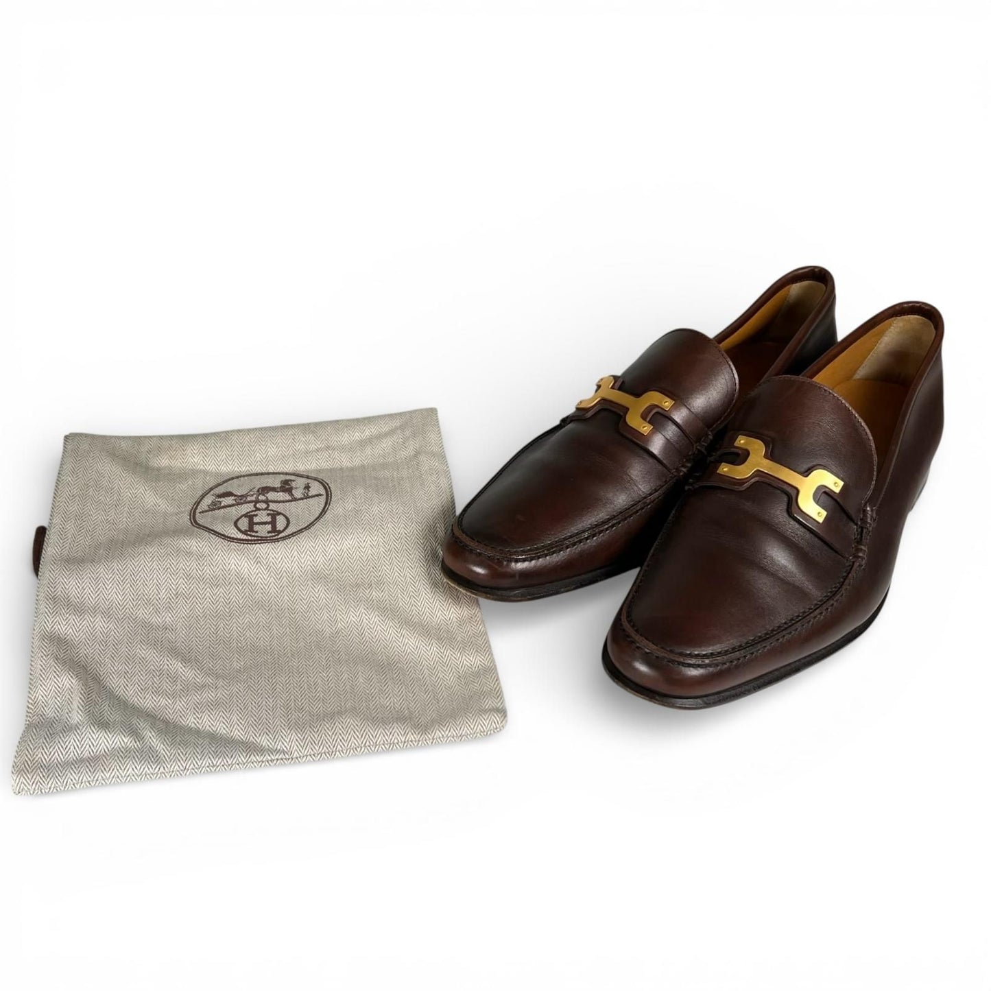 Hermes Gold Logo Bit Loafers Leather Shoes Brown — view 2