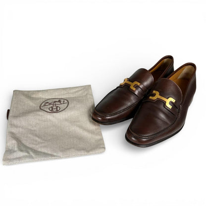 Hermes Gold Logo Bit Loafers Leather Shoes Brown — view 2