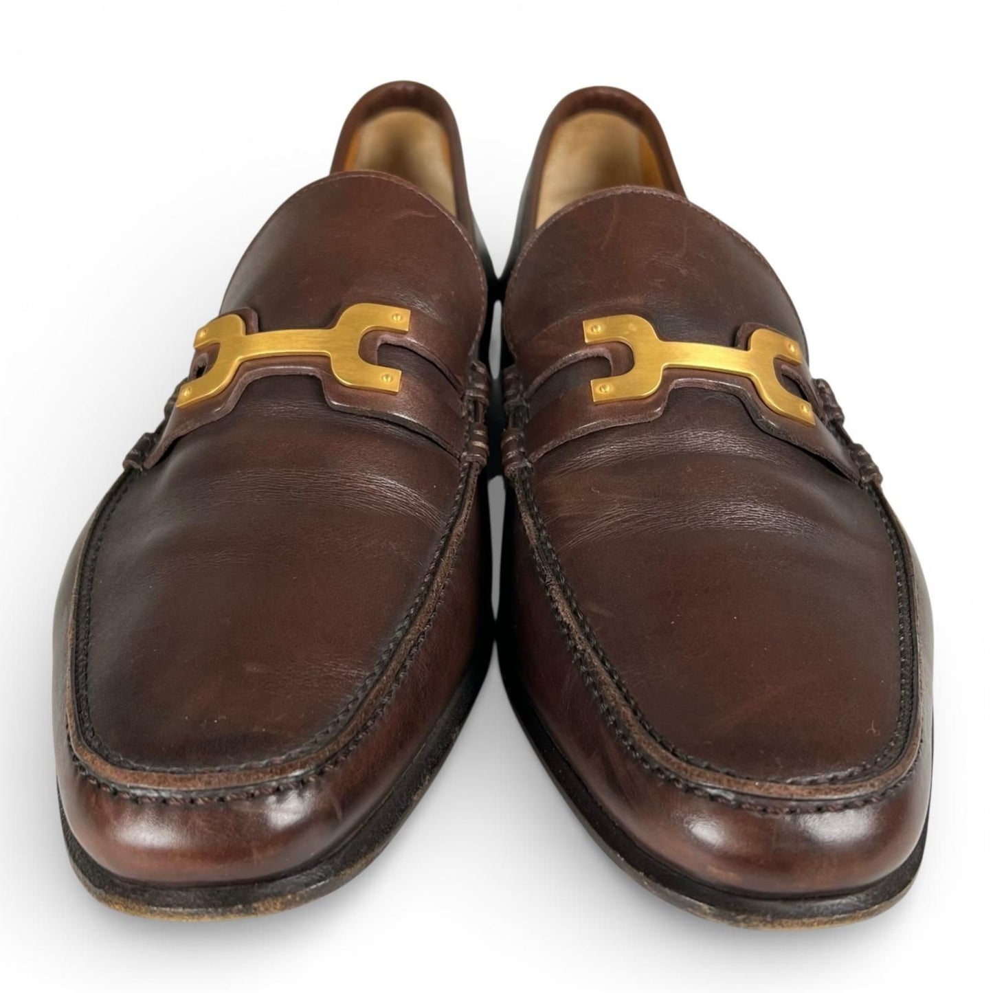 Hermes Gold Logo Bit Loafers Leather Shoes Brown — view 3
