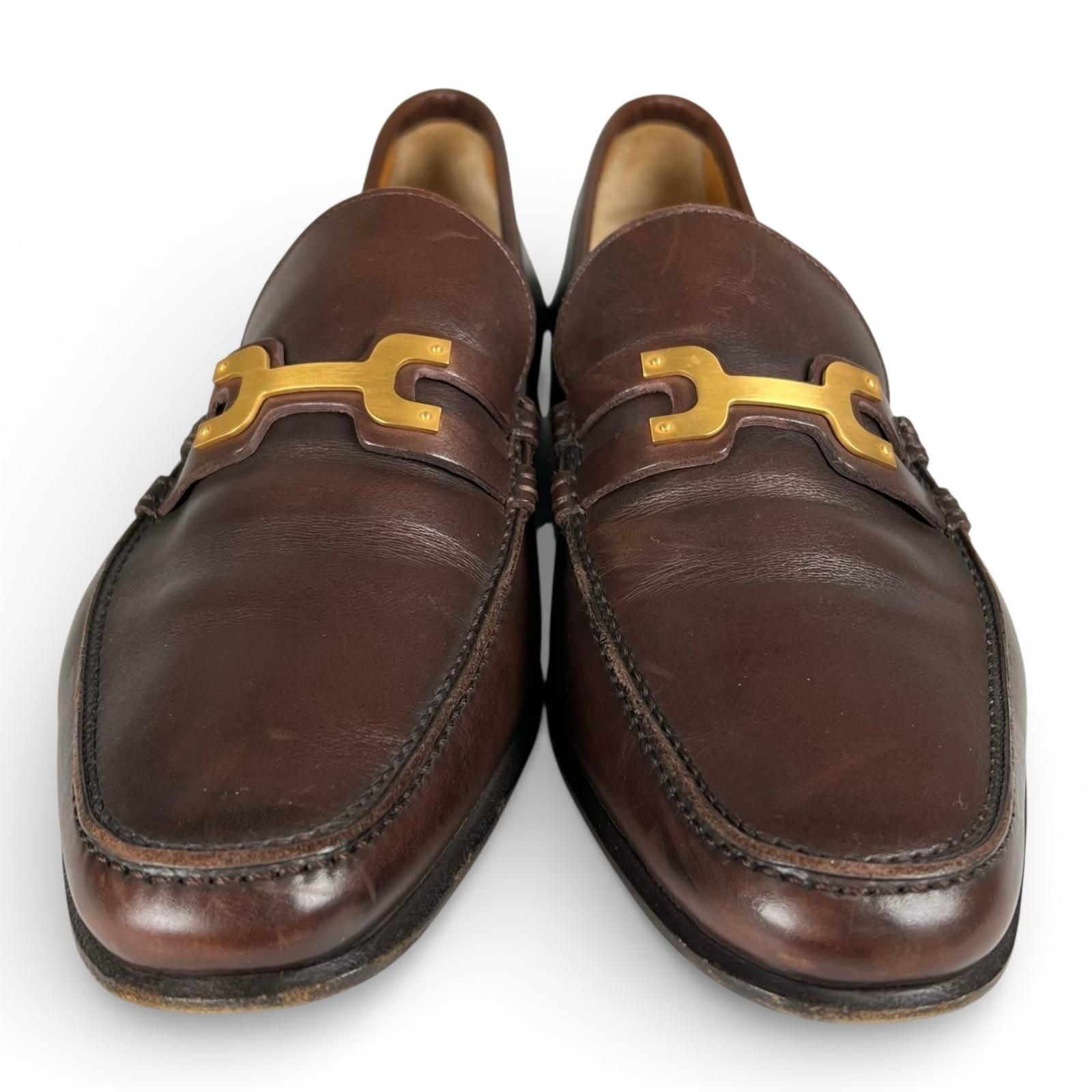Hermes Gold Logo Bit Loafers Leather Shoes Brown — view 3