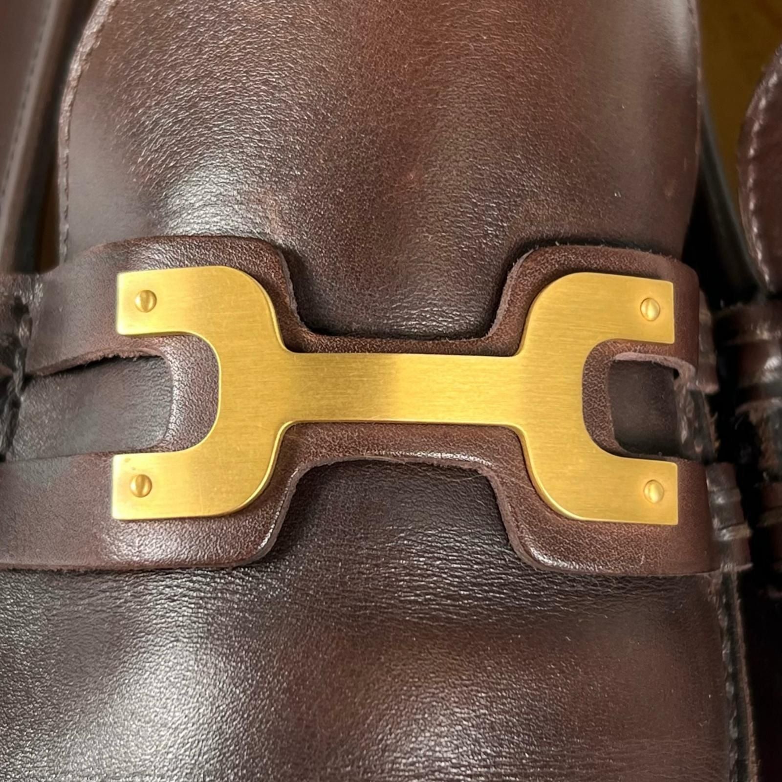 Hermes Gold Logo Bit Loafers Leather Shoes Brown — view 9
