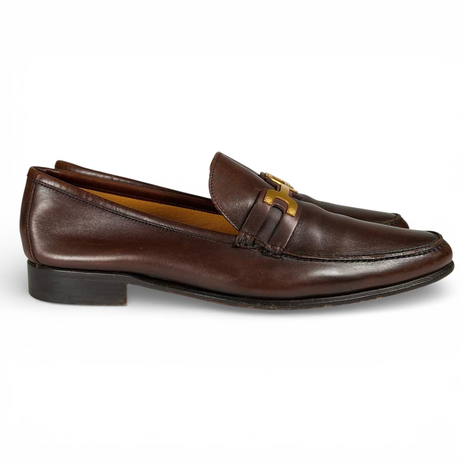 Hermes Gold Logo Bit Loafers Leather Shoes Brown — view 5