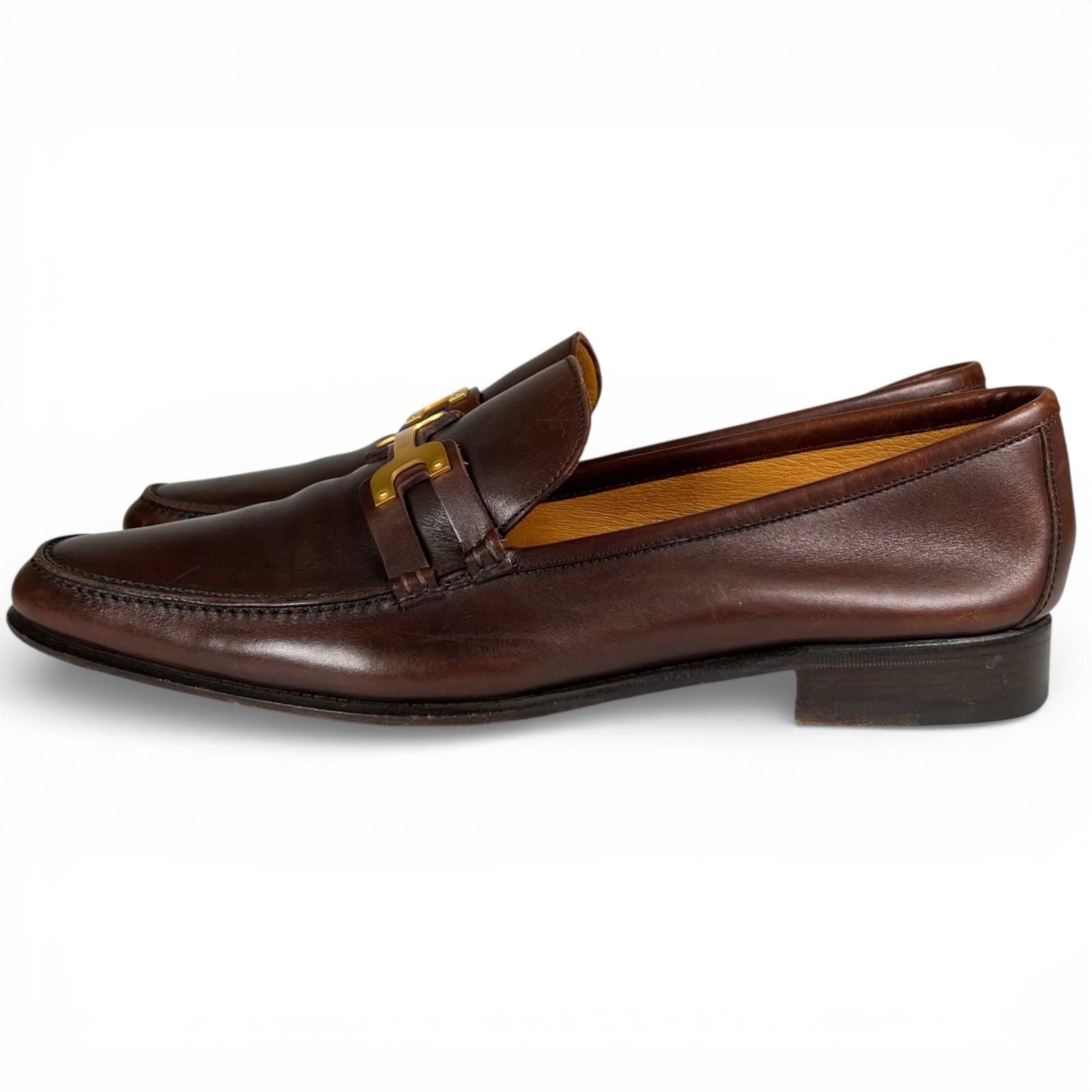 Hermes Gold Logo Bit Loafers Leather Shoes Brown — view 4