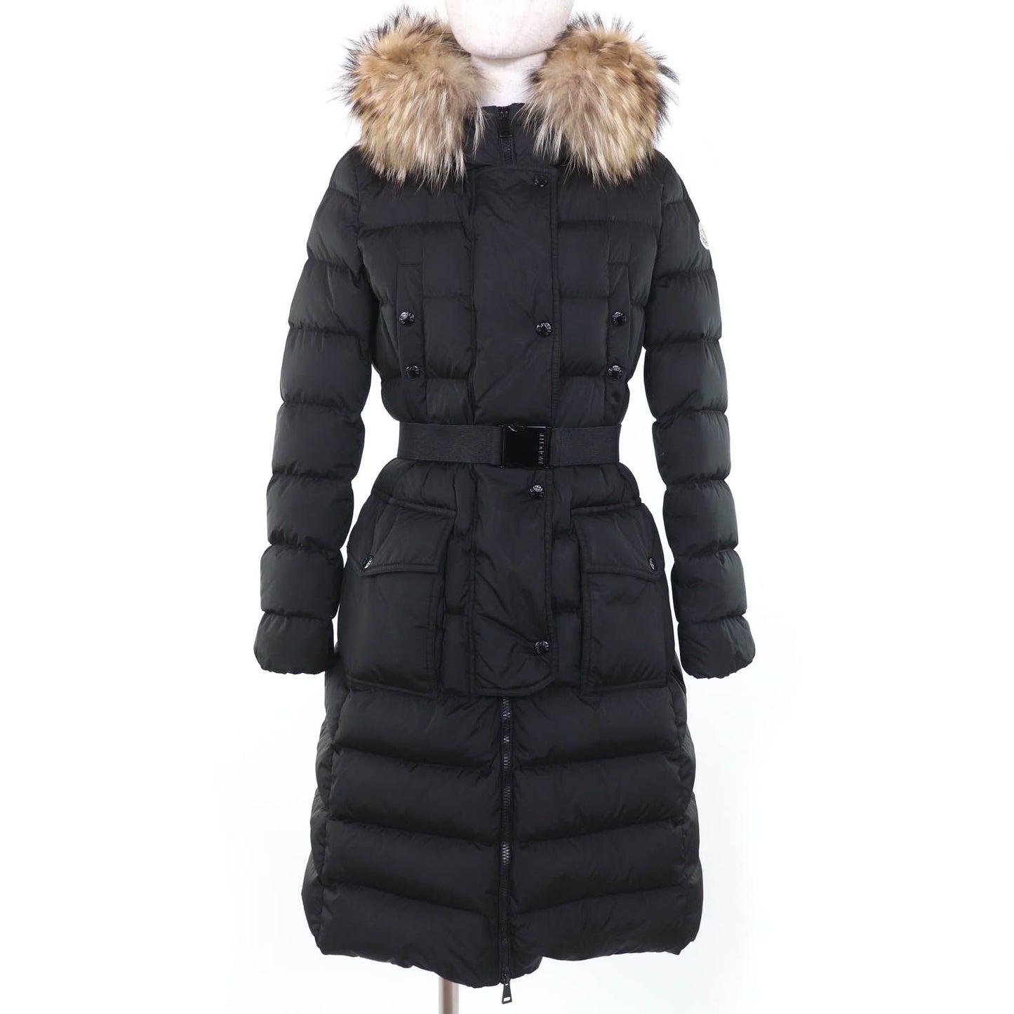 Moncler Khloe Logo Patch Lace Up Hood Belt Down Jacket Coat Black
