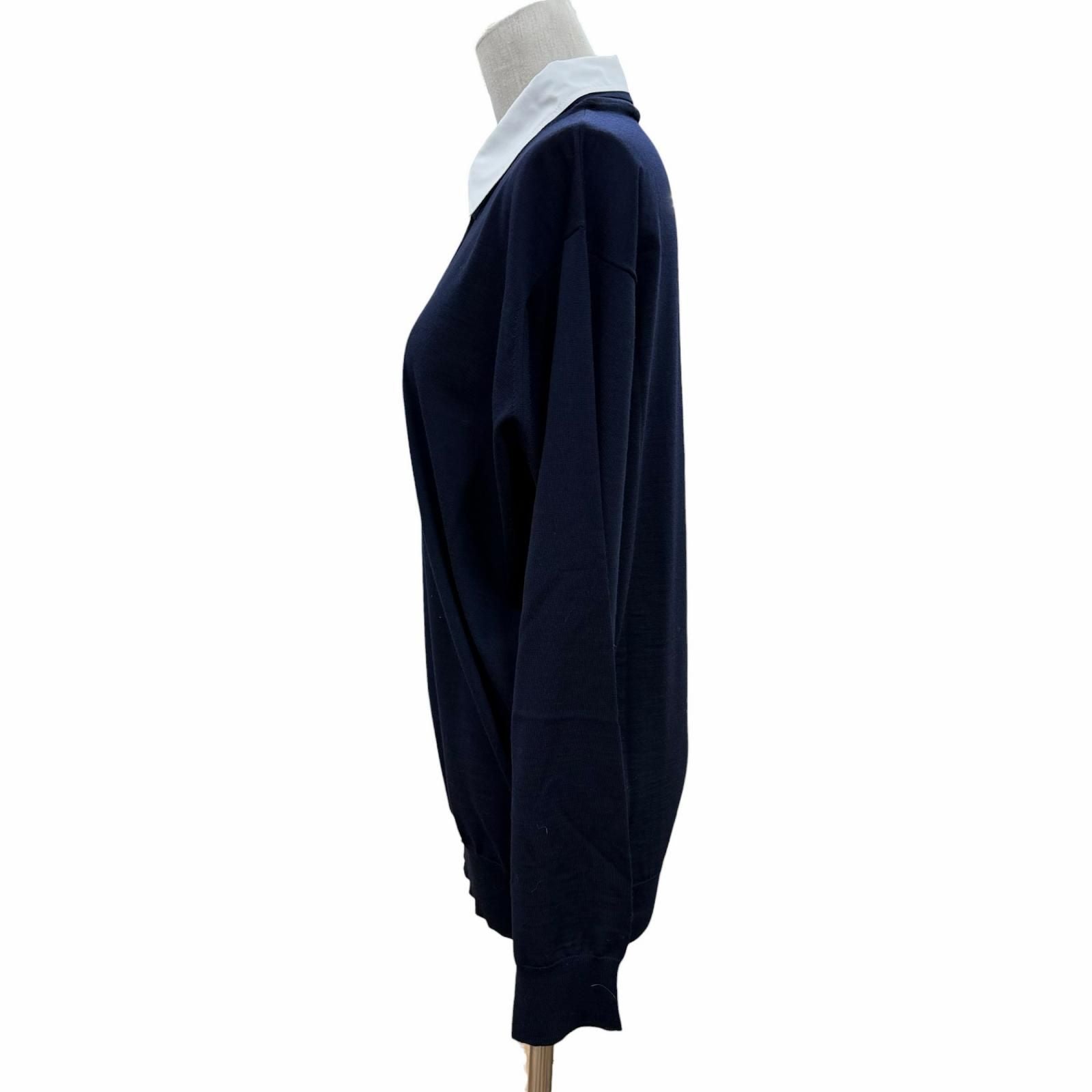 Prada 100% Virgin Wool Collared 2-Way Long Sleeve Polo Shirt Knit Navy 44 — view 2