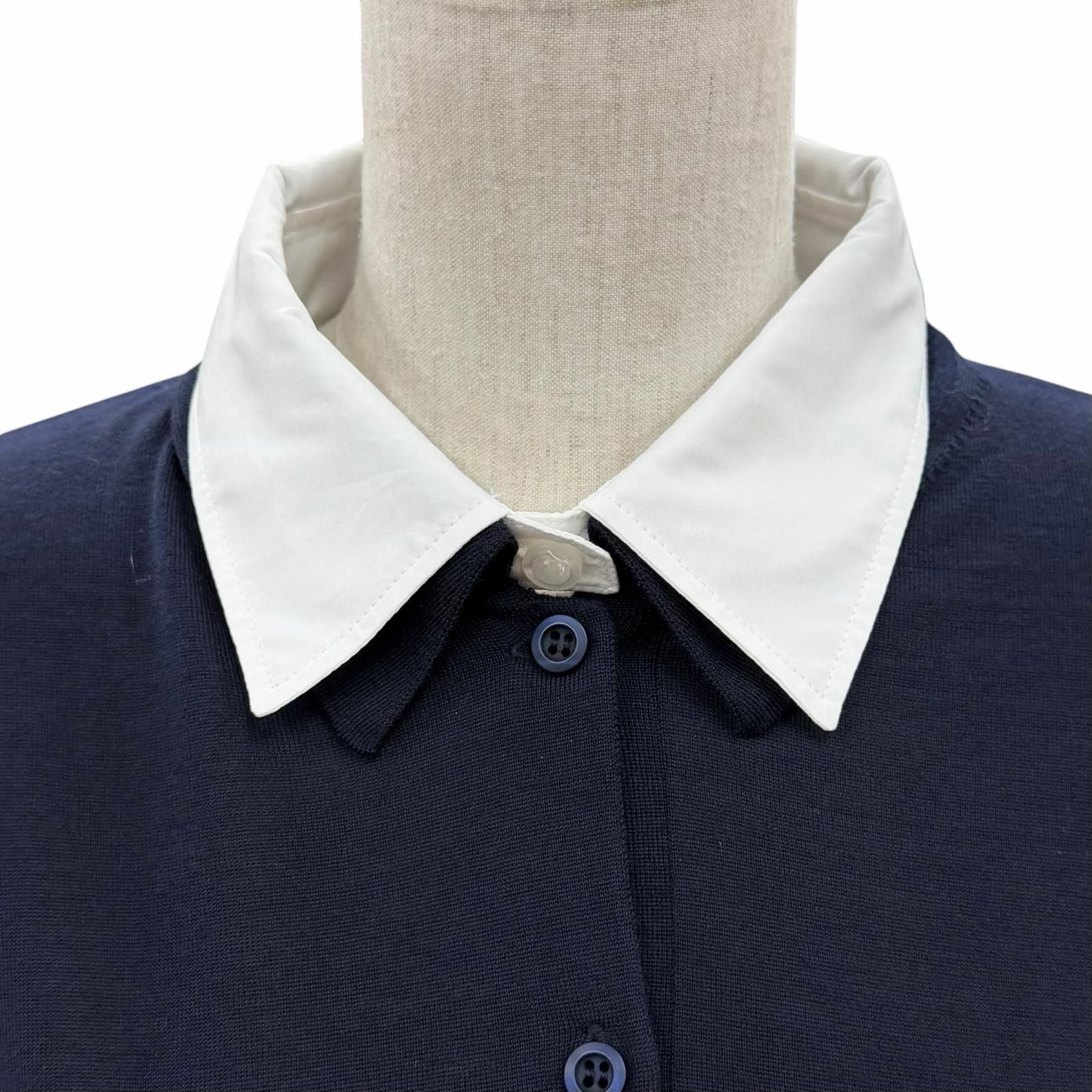 Prada 100% Virgin Wool Collared 2-Way Long Sleeve Polo Shirt Knit Navy 44 — view 4
