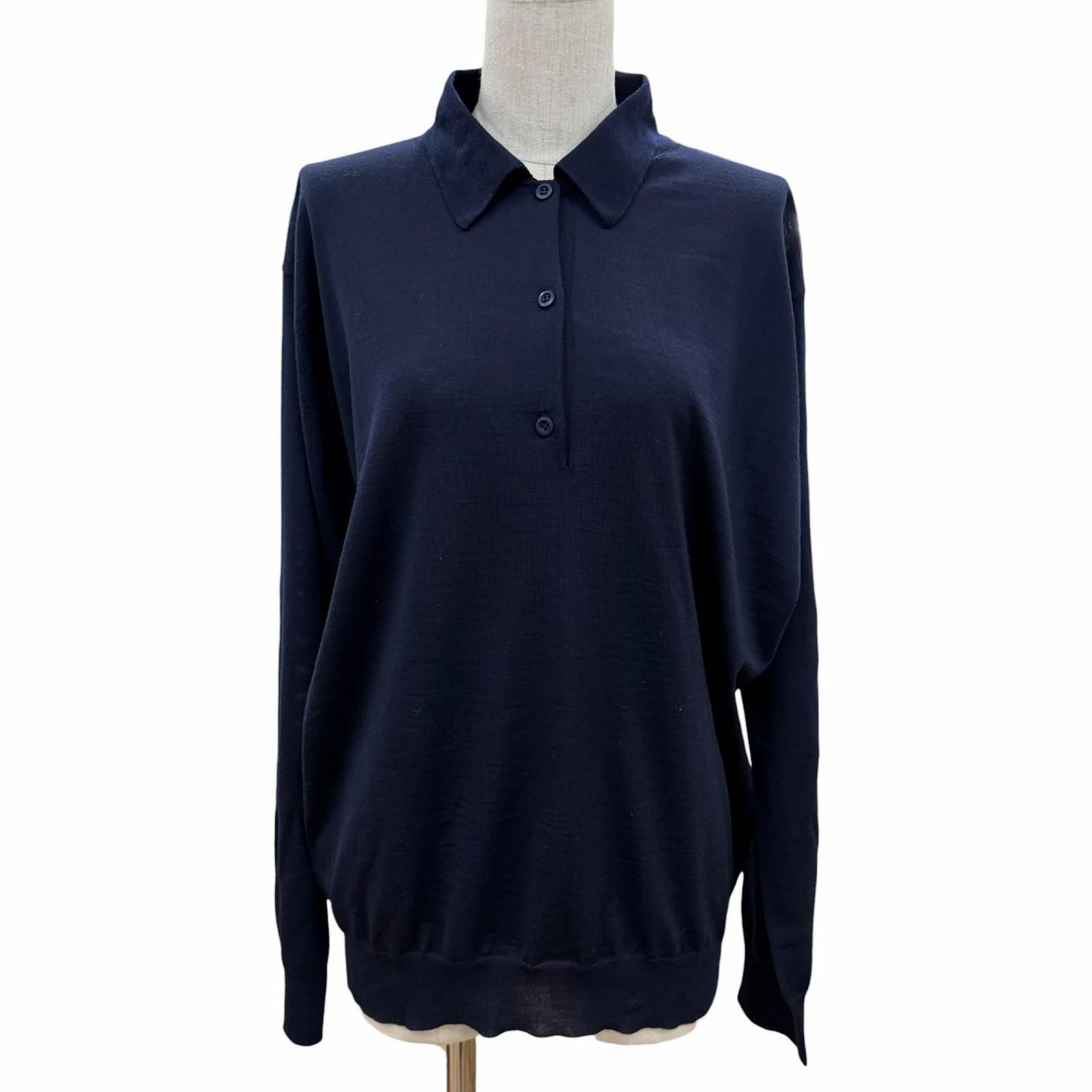 Prada 100% Virgin Wool Collared 2-Way Long Sleeve Polo Shirt Knit Navy 44 — view 5