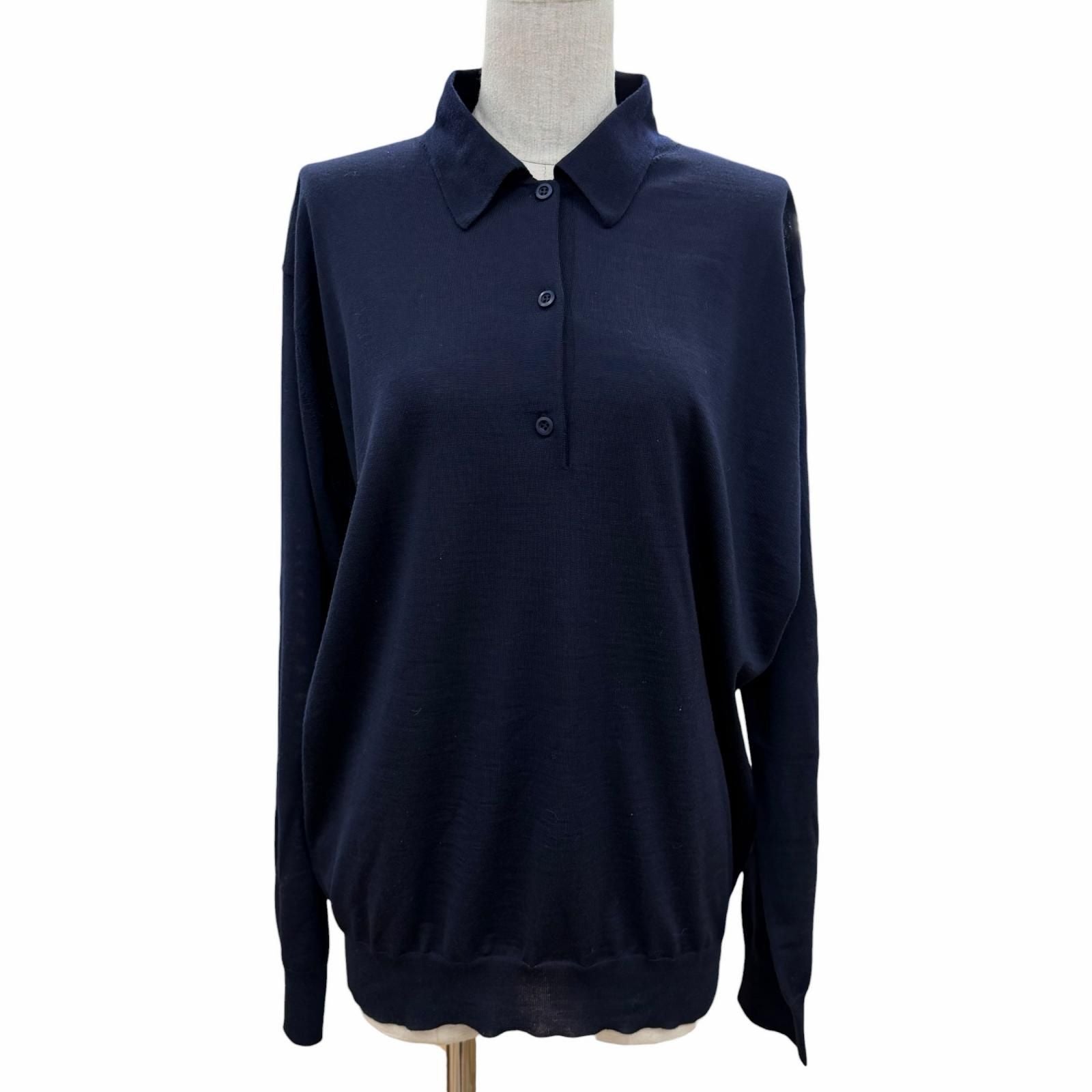Prada 100% Virgin Wool Collared 2-Way Long Sleeve Polo Shirt Knit Navy 44 — view 5