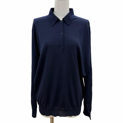 Prada 100% Virgin Wool Collared 2-Way Long Sleeve Polo Shirt Knit Navy 44 — view 5
