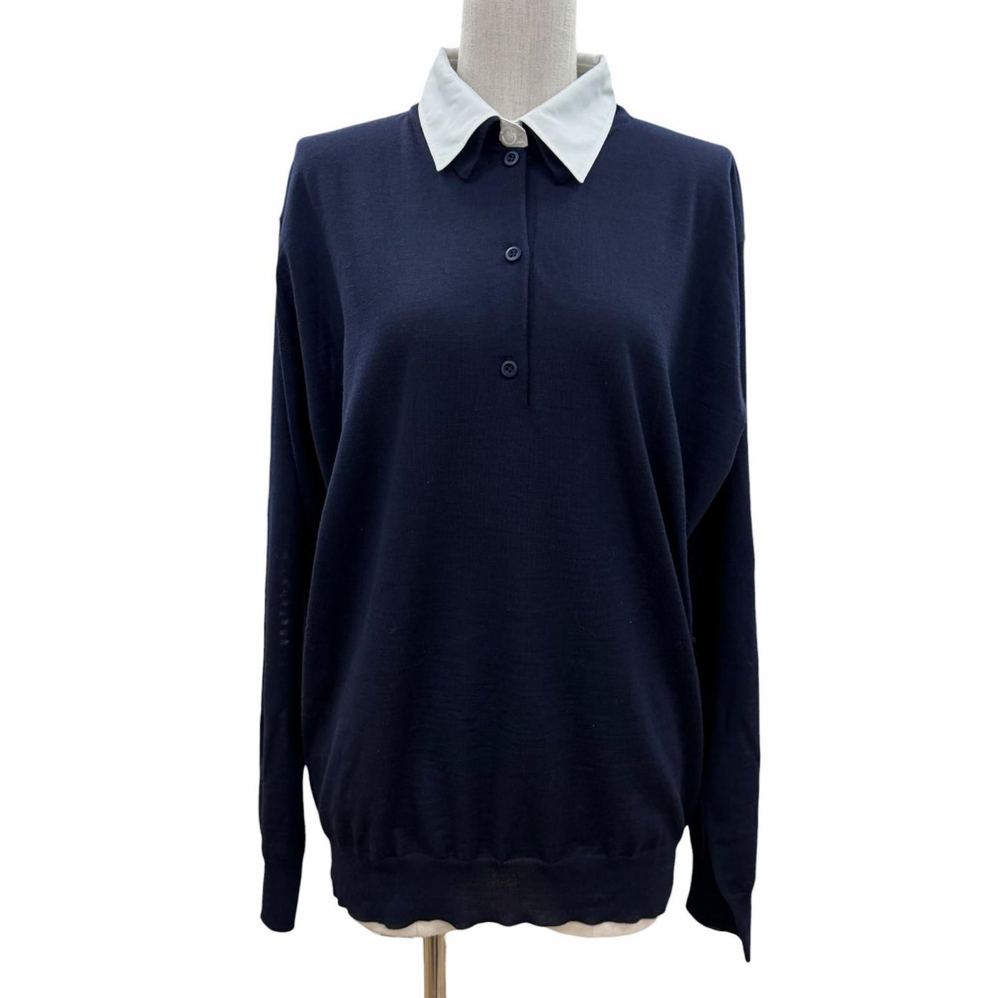 Prada 100% Virgin Wool Collared 2-Way Long Sleeve Polo Shirt Knit Navy 44