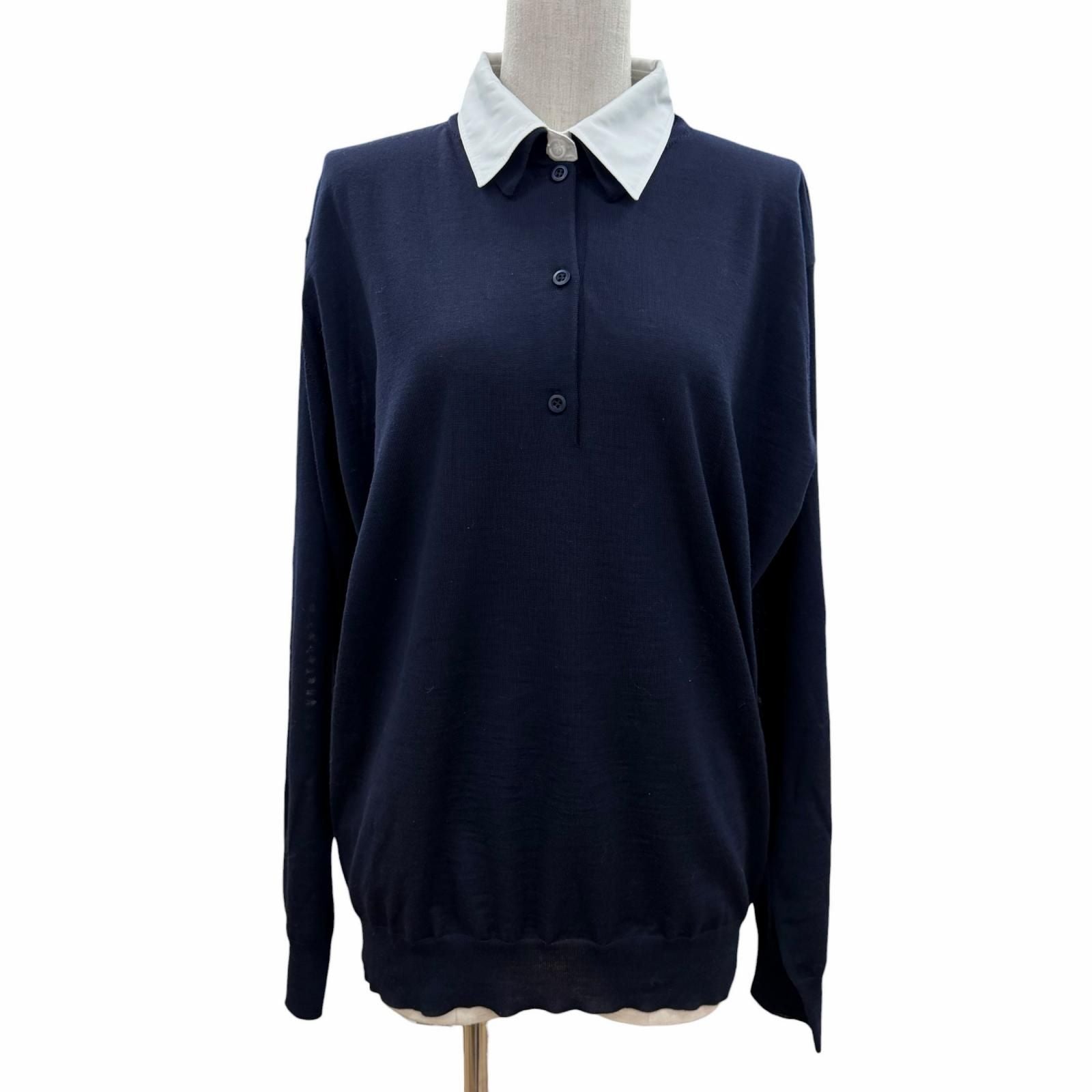 Prada 100% Virgin Wool Collared 2-Way Long Sleeve Polo Shirt Knit Navy 44