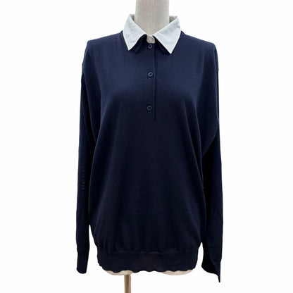 Prada 100% Virgin Wool Collared 2-Way Long Sleeve Polo Shirt Knit Navy 44