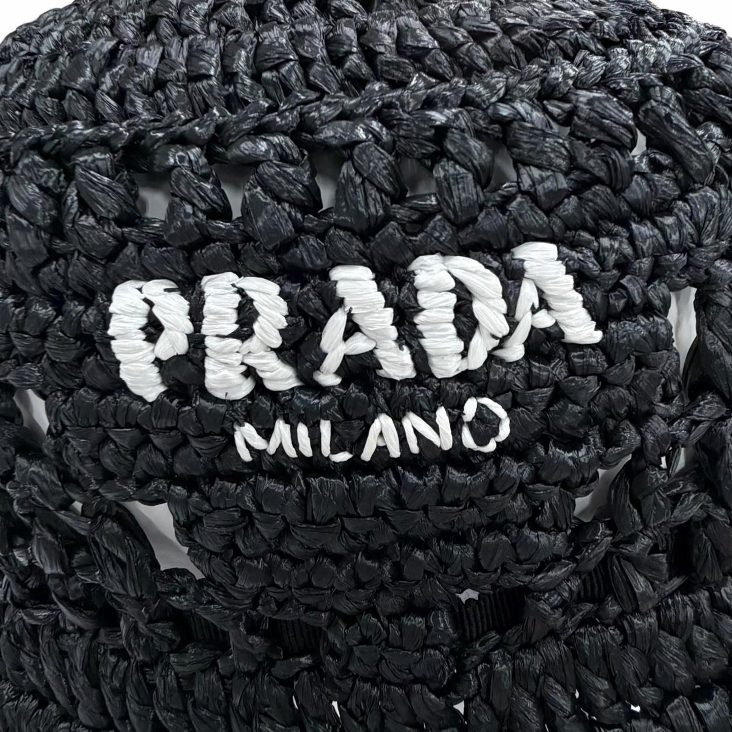 Prada Raffia Logo Letter Ring Crochet Bucket Hat Black Recommended — view 7