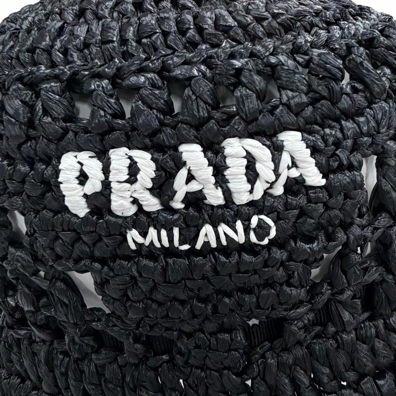 Prada Raffia Logo Letter Ring Crochet Bucket Hat Black Recommended — view 7