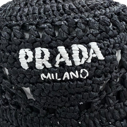 Prada Raffia Logo Letter Ring Crochet Bucket Hat Black Recommended — view 7