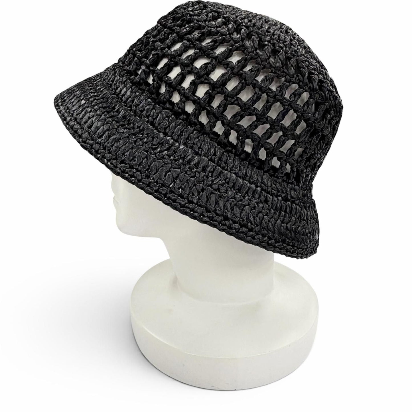 Prada Raffia Logo Letter Ring Crochet Bucket Hat Black Recommended — view 4