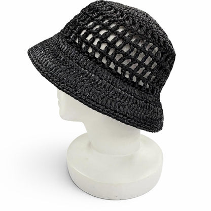 Prada Raffia Logo Letter Ring Crochet Bucket Hat Black Recommended — view 4