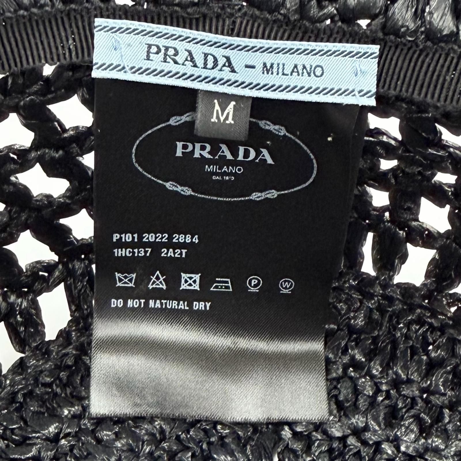 Prada Raffia Logo Letter Ring Crochet Bucket Hat Black Recommended — view 8