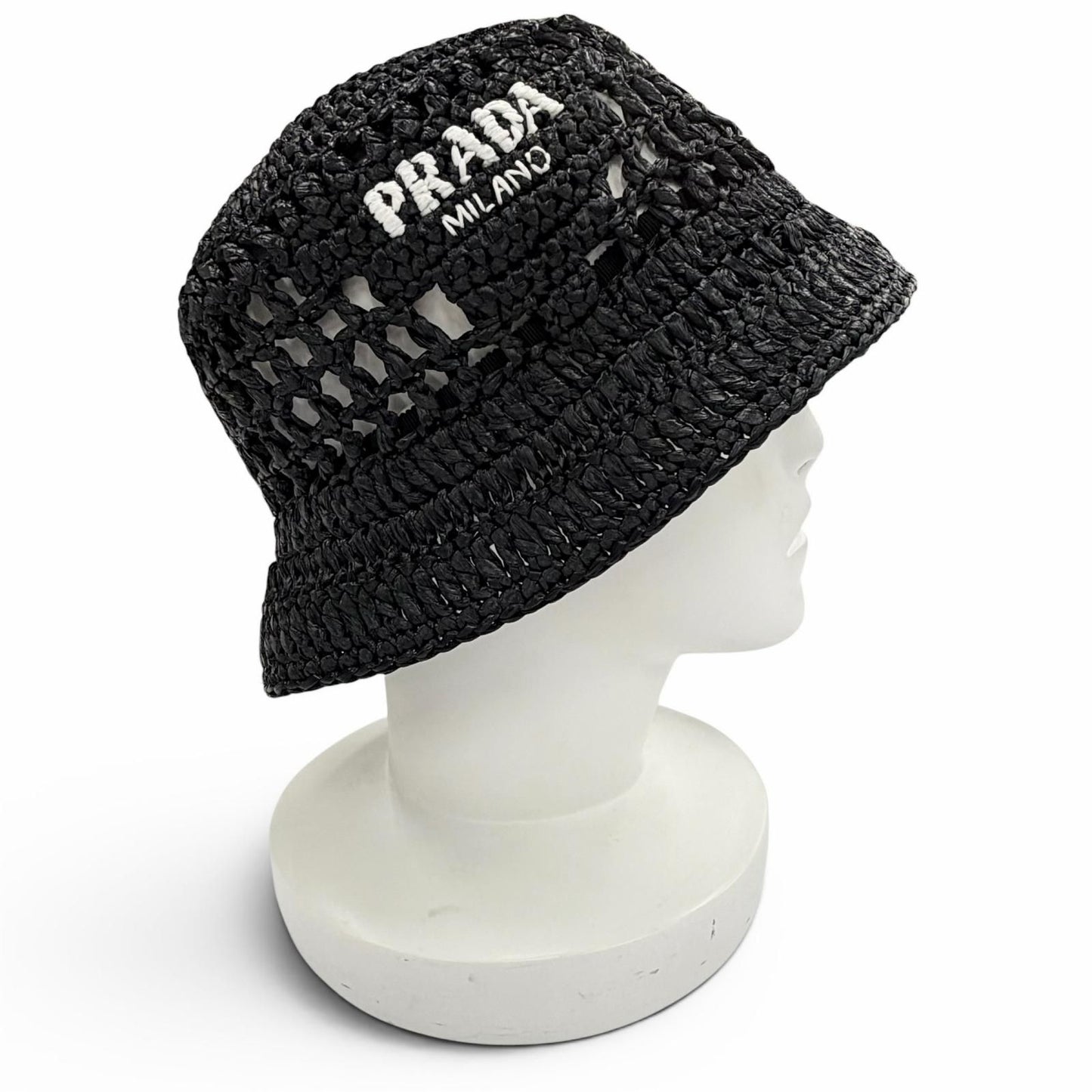 Prada Raffia Logo Letter Ring Crochet Bucket Hat Black Recommended — view 3