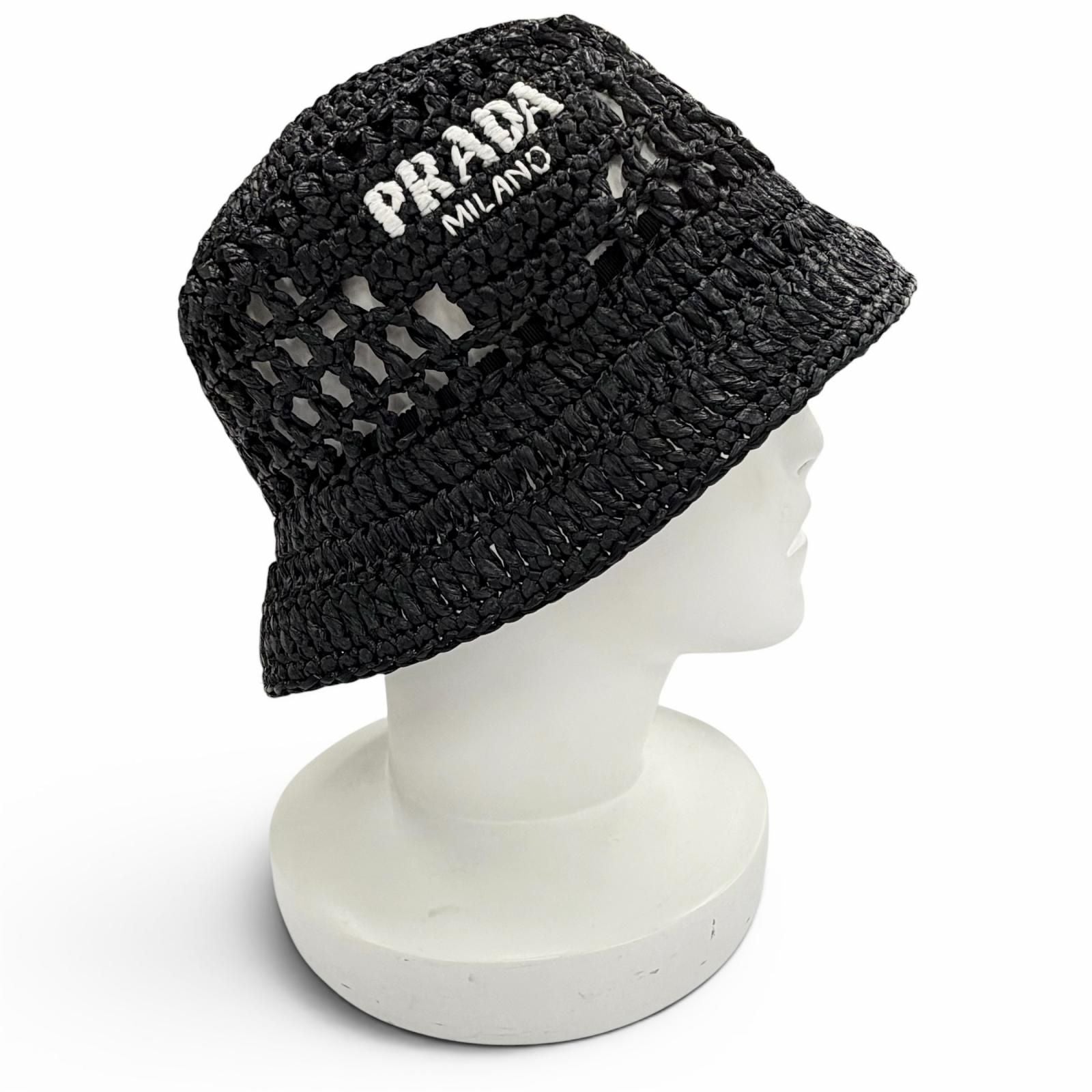 Prada Raffia Logo Letter Ring Crochet Bucket Hat Black Recommended — view 3