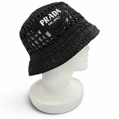 Prada Raffia Logo Letter Ring Crochet Bucket Hat Black Recommended — view 3