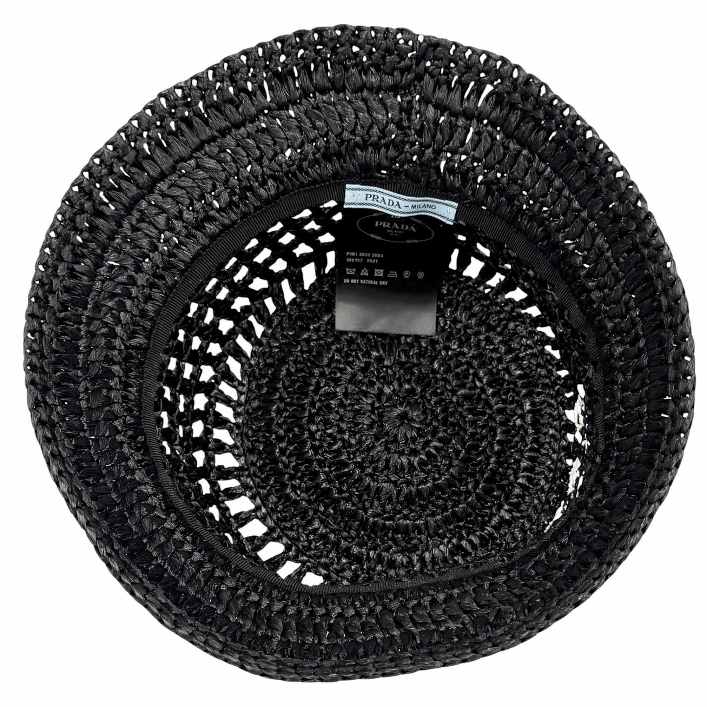 Prada Raffia Logo Letter Ring Crochet Bucket Hat Black Recommended — view 6