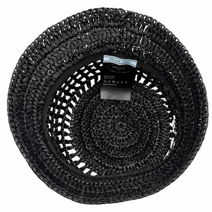 Prada Raffia Logo Letter Ring Crochet Bucket Hat Black Recommended — view 6
