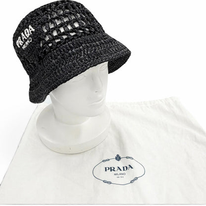 Prada Raffia Logo Letter Ring Crochet Bucket Hat Black Recommended — view 2