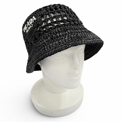 Prada Raffia Logo Letter Ring Crochet Bucket Hat Black Recommended