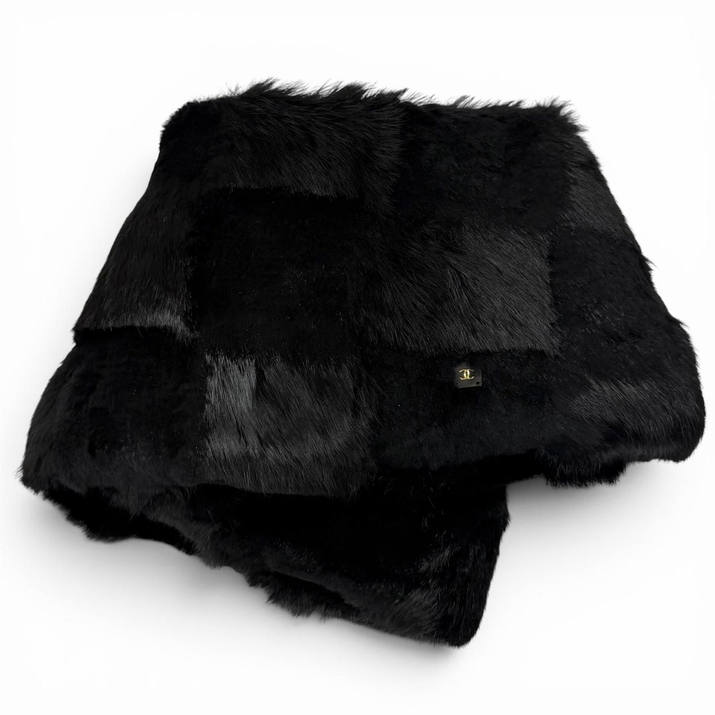 Chanel CC Logo Rabbit Fur Lapin Tippet Shawl Black 42 Scarf