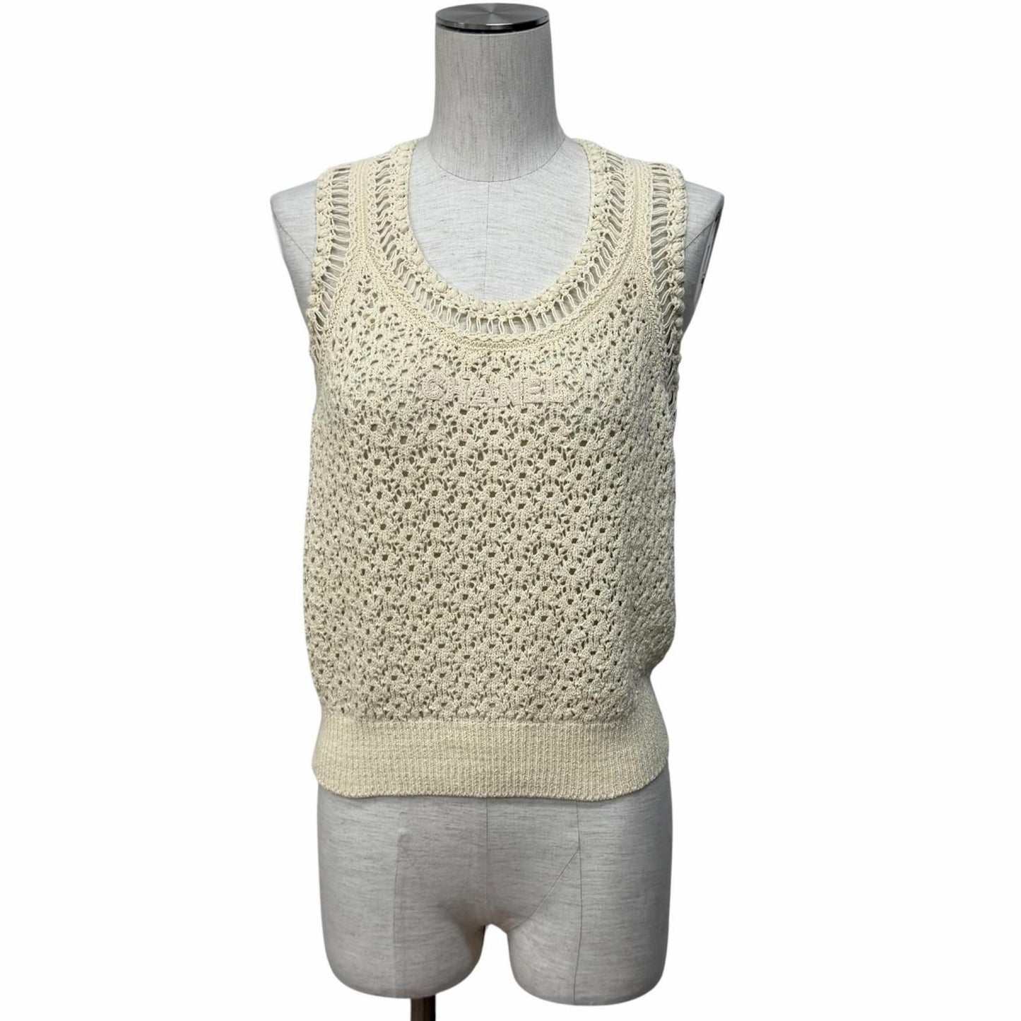 Chanel Logo Patch Openwork Sleeveless Mesh Knit Ivory 38 Sweater