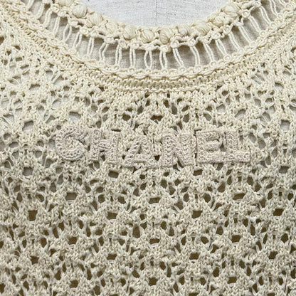 Chanel Logo Patch Openwork Sleeveless Mesh Knit Ivory 38 Sweater — view 5