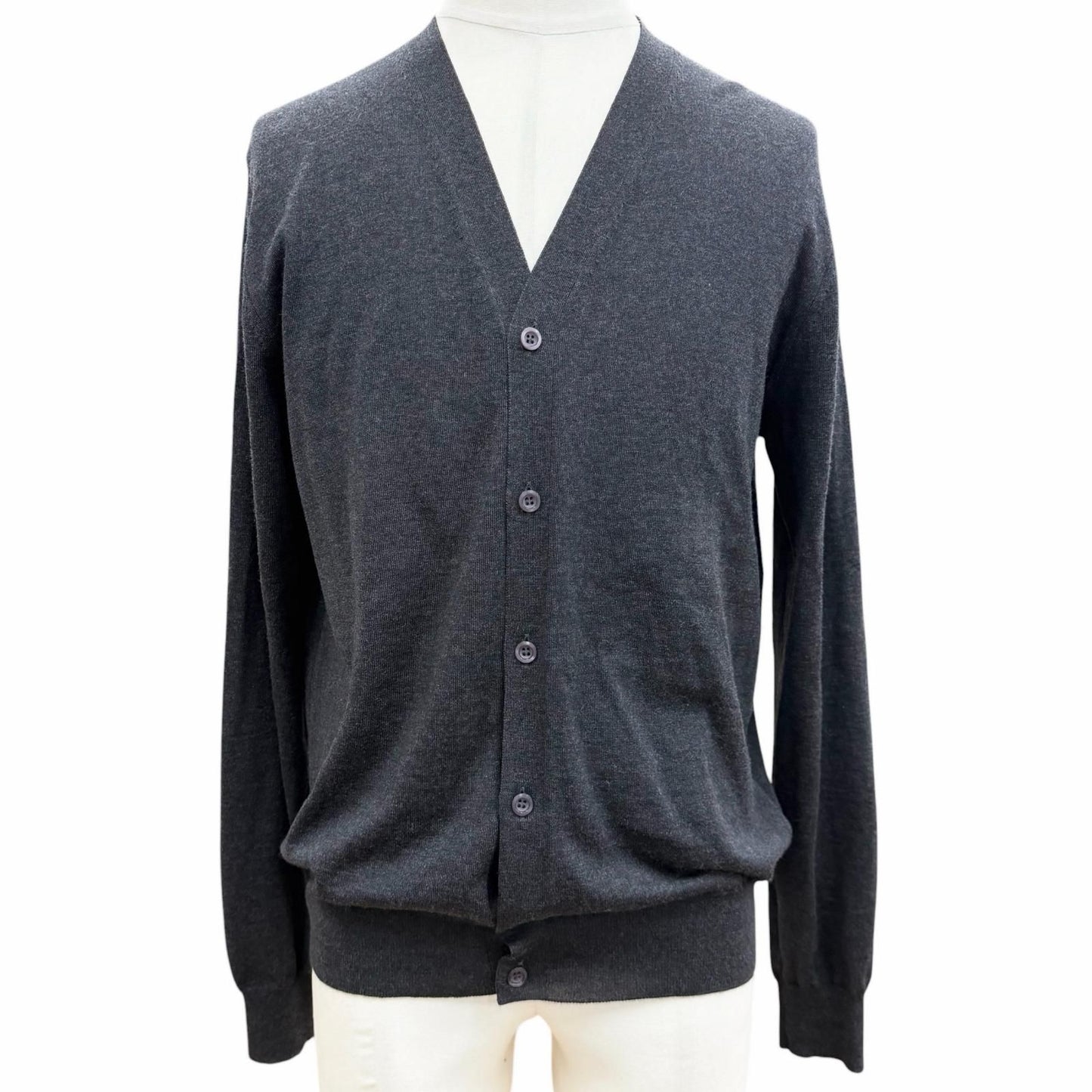 Prada 100% Virgin Wool Neck High Gee Knit Cardigan Dark Gray 50