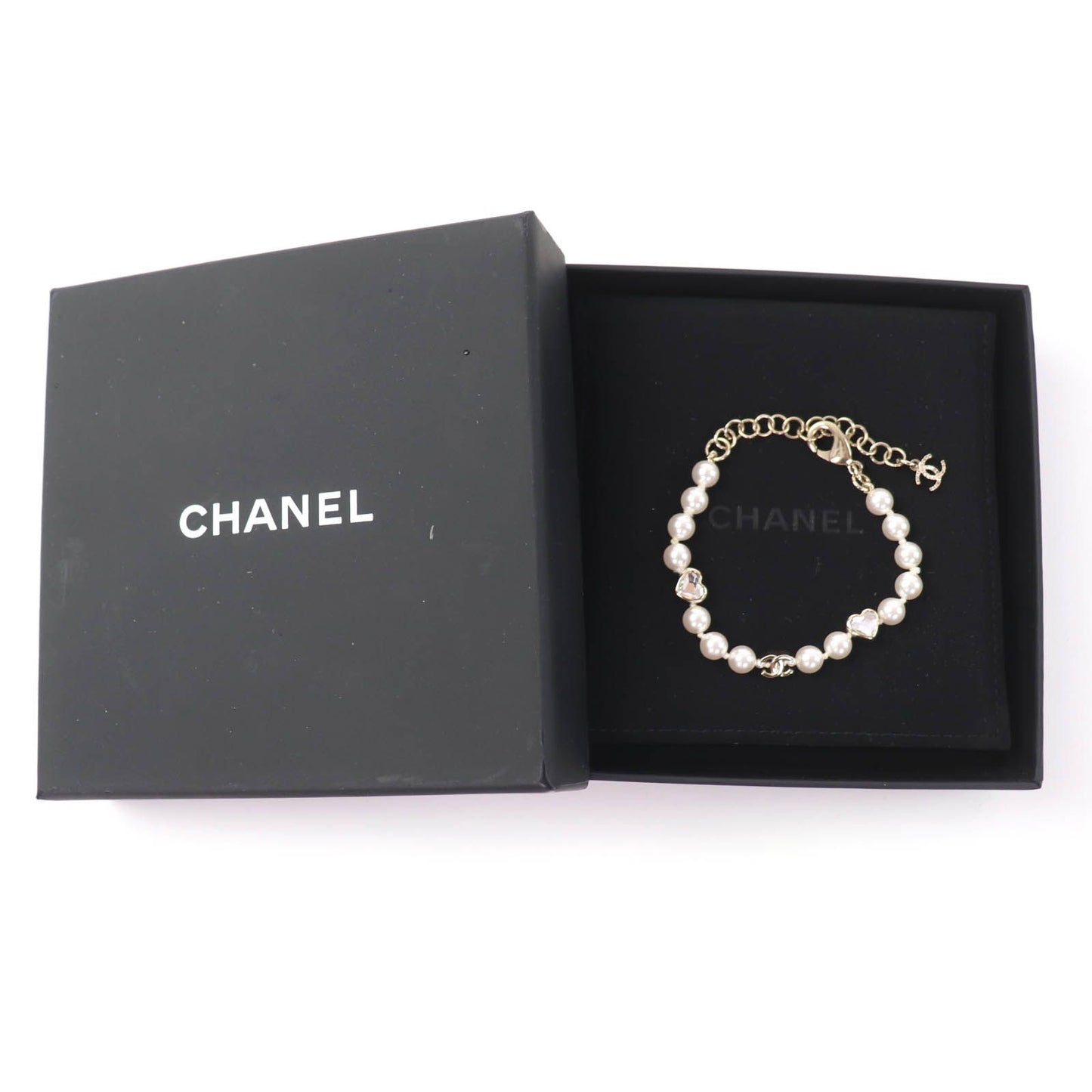 Chanel CC Logo Heart Rhinestone Faux Pearl Bracelet Gold — view 2
