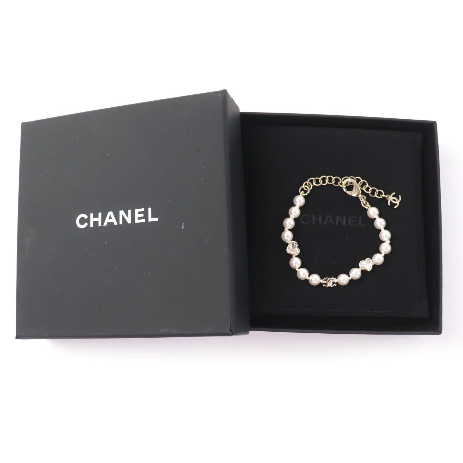Chanel CC Logo Heart Rhinestone Faux Pearl Bracelet Gold — view 2