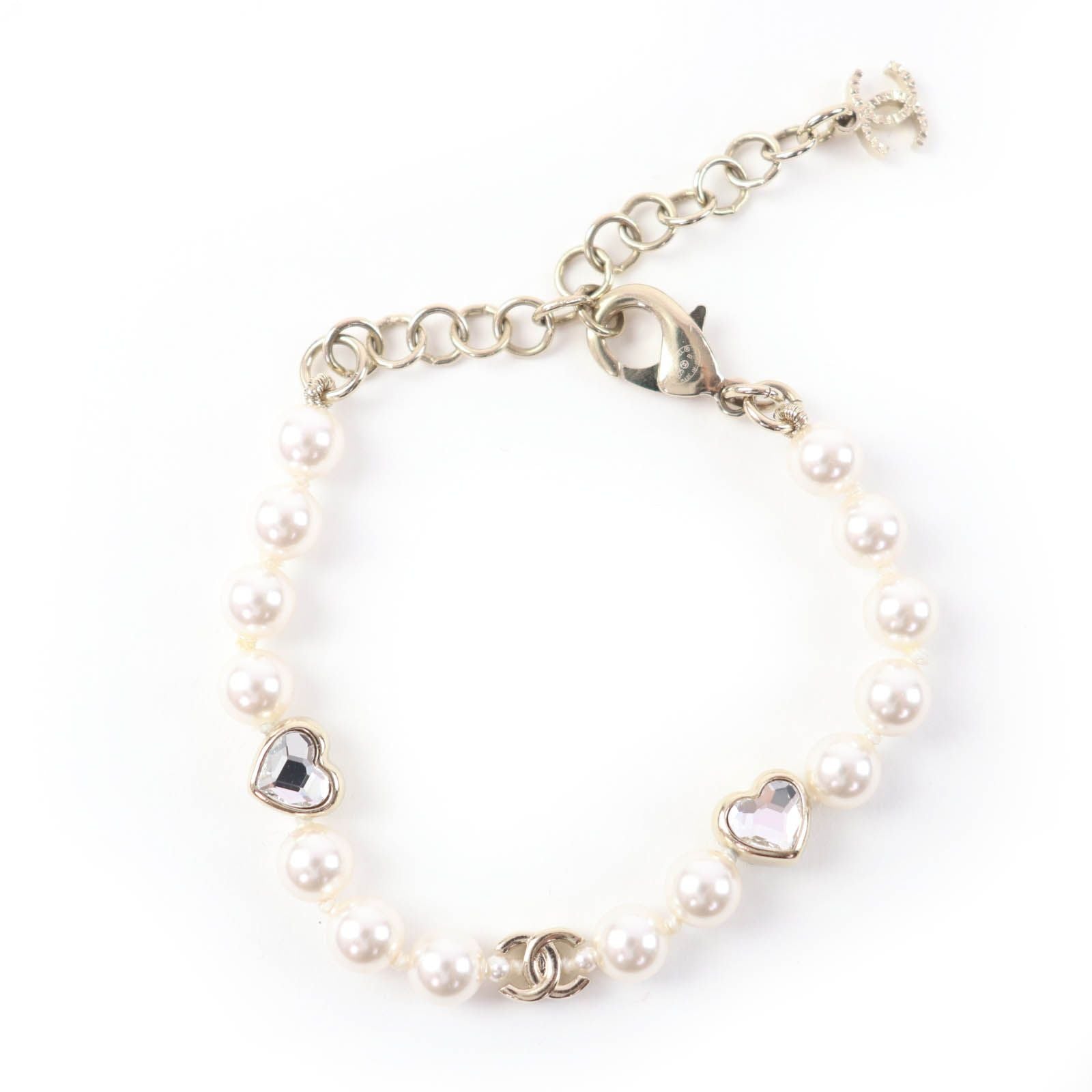 Chanel CC Logo Heart Rhinestone Faux Pearl Bracelet Gold