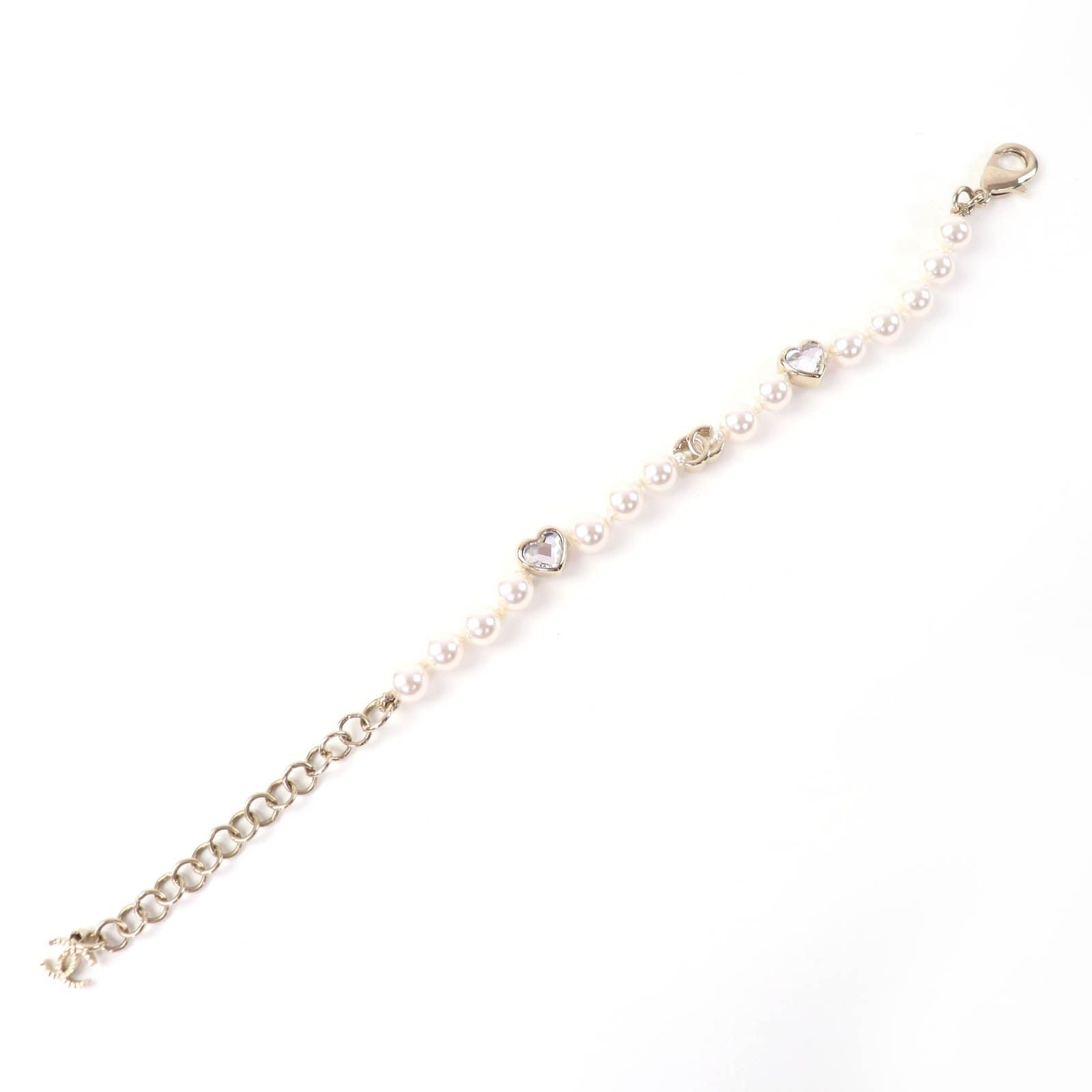 Chanel CC Logo Heart Rhinestone Faux Pearl Bracelet Gold — view 3