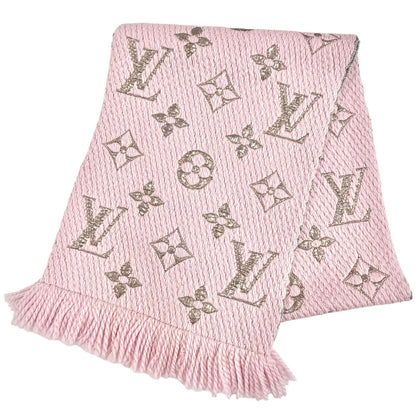 Louis Vuitton Echarpe Logo Mania Shine Wool Silk Blend Scarf Pink Gold