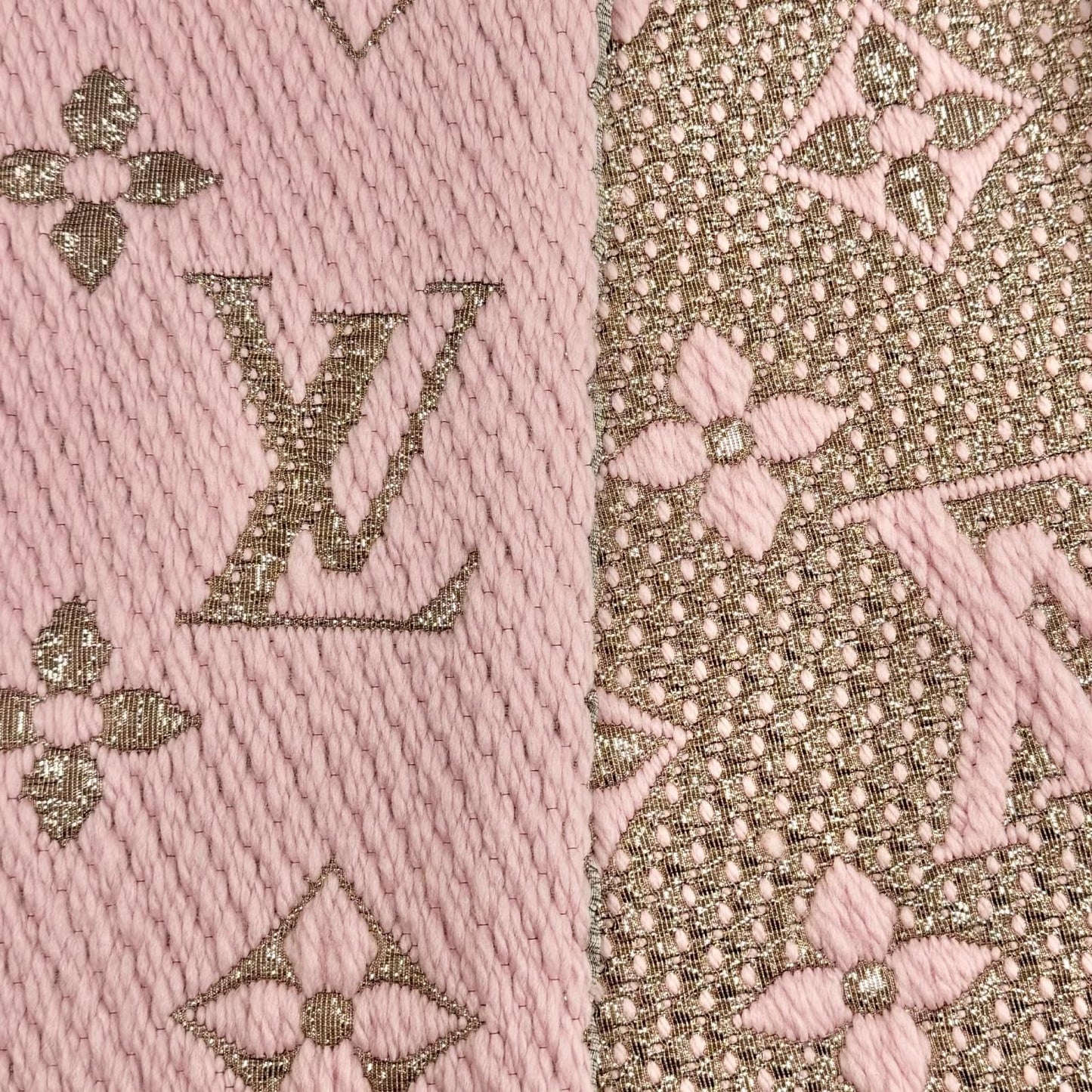 Louis Vuitton Echarpe Logo Mania Shine Wool Silk Blend Scarf Pink Gold — view 4