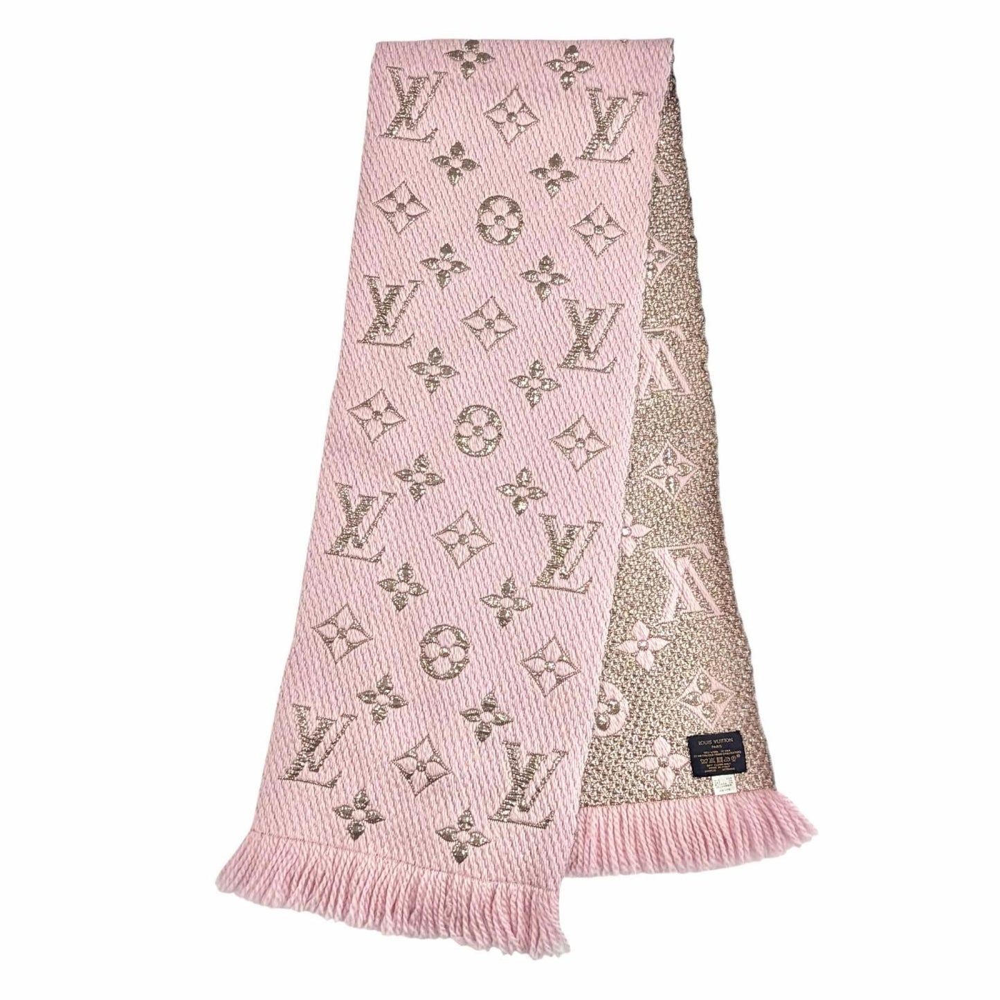 Louis Vuitton Echarpe Logo Mania Shine Wool Silk Blend Scarf Pink Gold — view 2