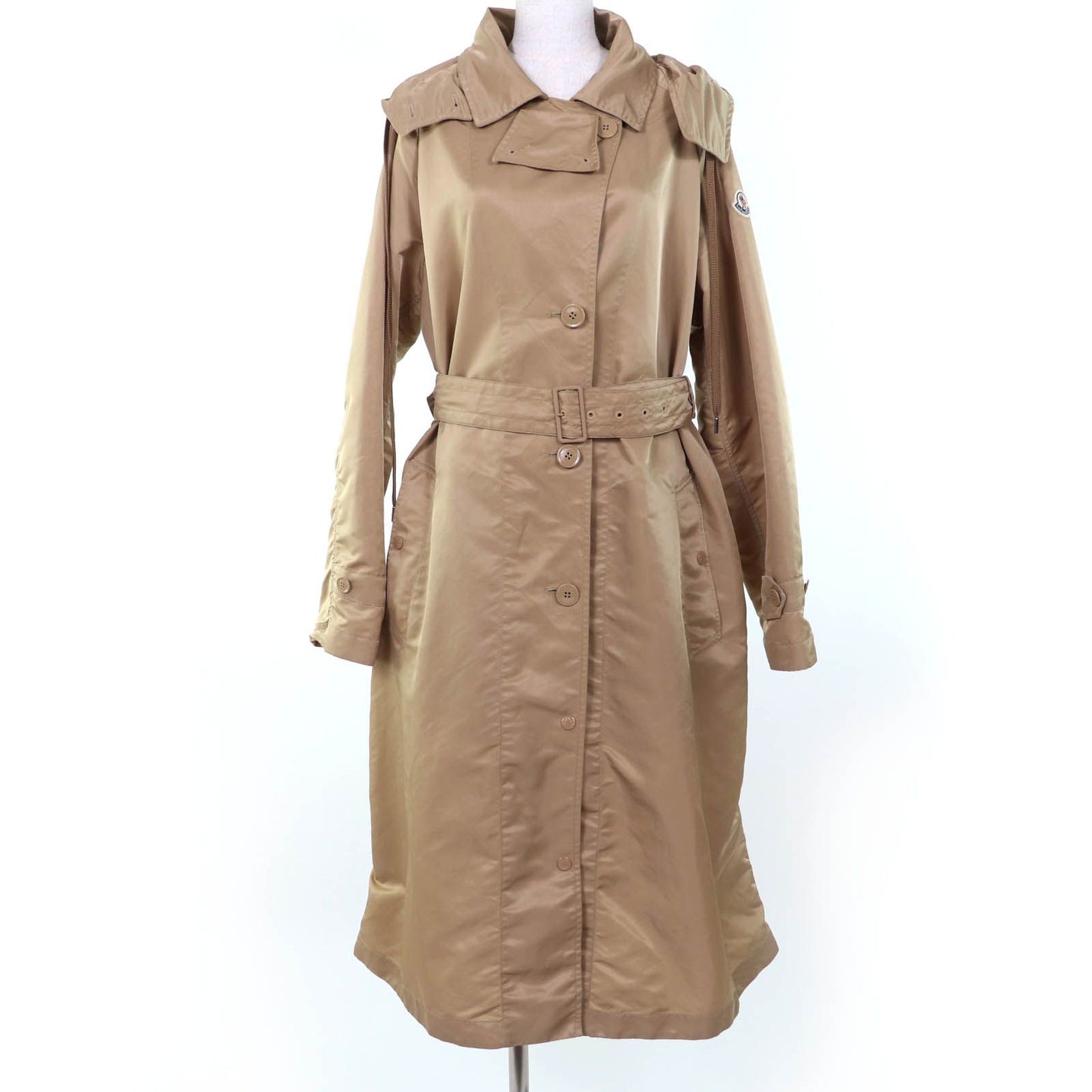 Moncler Villerest Logo Patch Hooded Trench Coat Beige