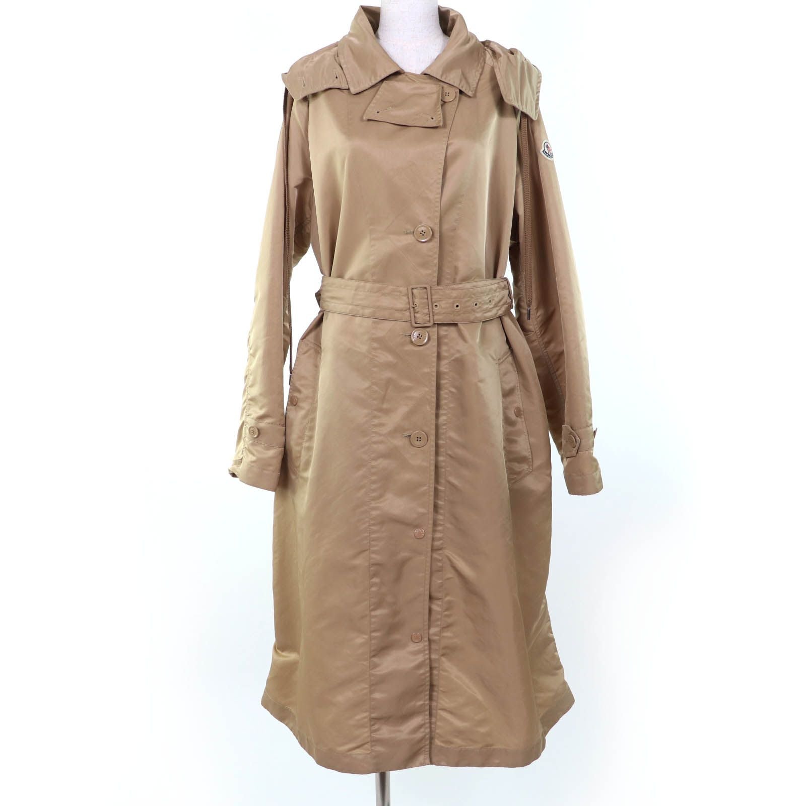 Moncler Villerest Logo Patch Hooded Trench Coat Beige
