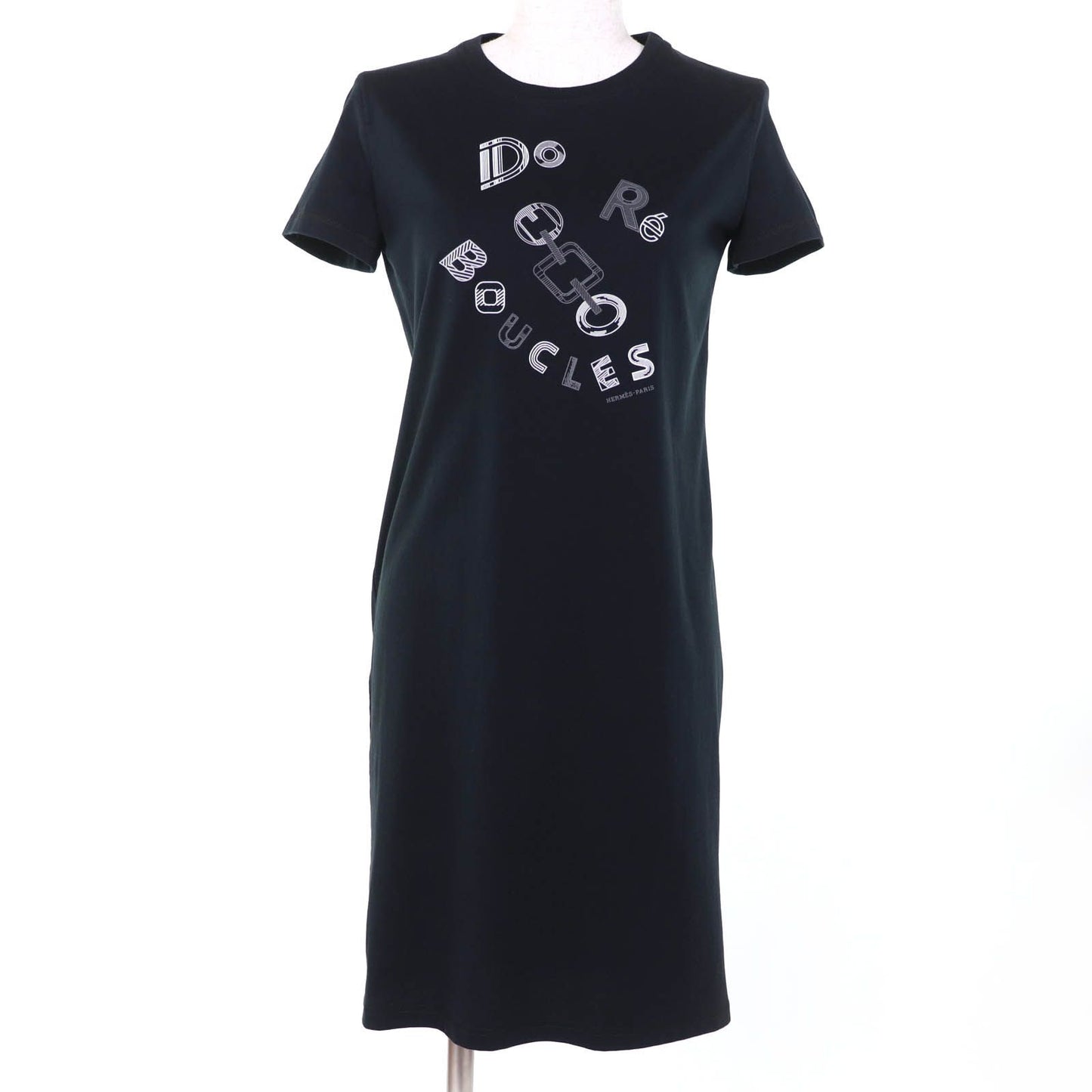 Hermes Boucles Cotton Short Sleeve Dress Black 34