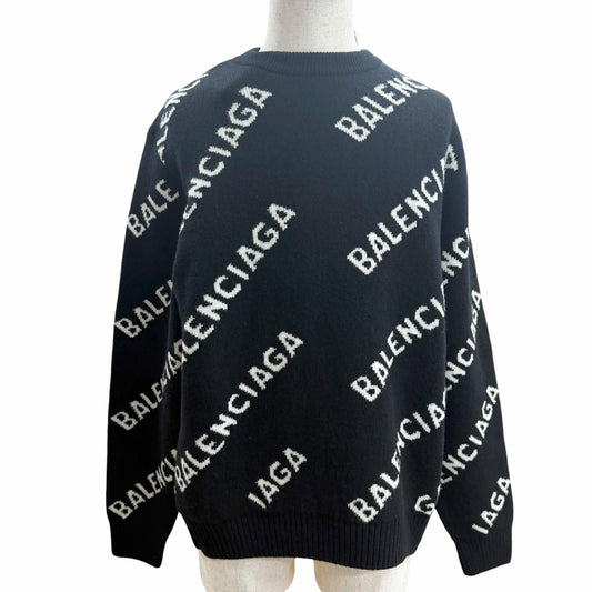 Balenciaga Wool Logo All Over Pattern Crew Neck Overall Knit Sweater Black White