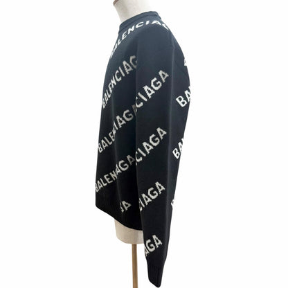 Balenciaga Wool Logo All Over Pattern Crew Neck Overall Knit Sweater Black White — view 3
